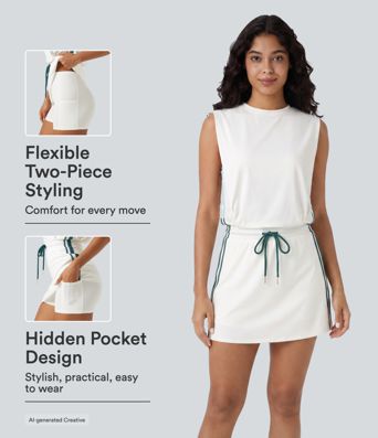 Round Neck Sleeveless Drawstring Side Stripe 2-Piece Cool Touch Mini Workout Active Dress with Pockets-UPF50+ Round Neck Sleeveless Drawstring Side Stripe 2-Piece Cool Touch Mini Workout Active Dress with Pockets-UPF50+
