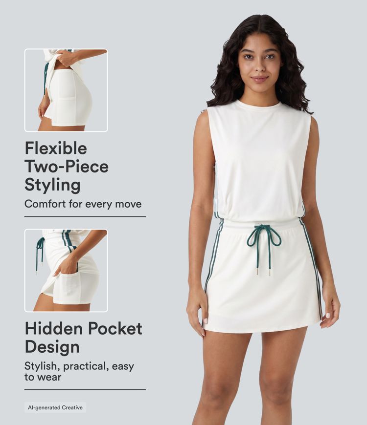 Round Neck Sleeveless Drawstring Side Stripe 2-Piece Cool Touch Mini Workout Active Dress with Pockets-UPF50+ Round Neck Sleeveless Drawstring Side Stripe 2-Piece Cool Touch Mini Workout Active Dress with Pockets-UPF50+