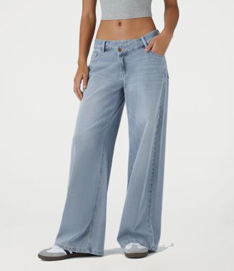 Halara Flex™ Asymmetric Low Rise Zipper Pockets Baggy Wide Leg Washed Casual Jeans Halara Flex™ Asymmetric Low Rise Zipper Pockets Baggy Wide Leg Washed Casual Jeans