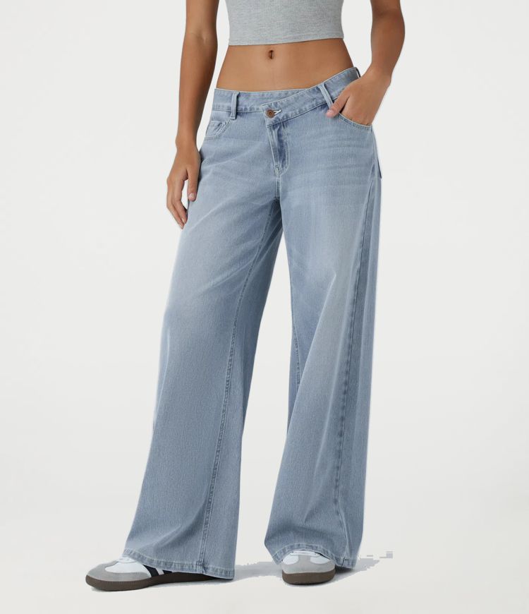 Halara Flex™ Asymmetric Low Rise Zipper Pockets Baggy Wide Leg Washed Casual Jeans Halara Flex™ Asymmetric Low Rise Zipper Pockets Baggy Wide Leg Washed Casual Jeans