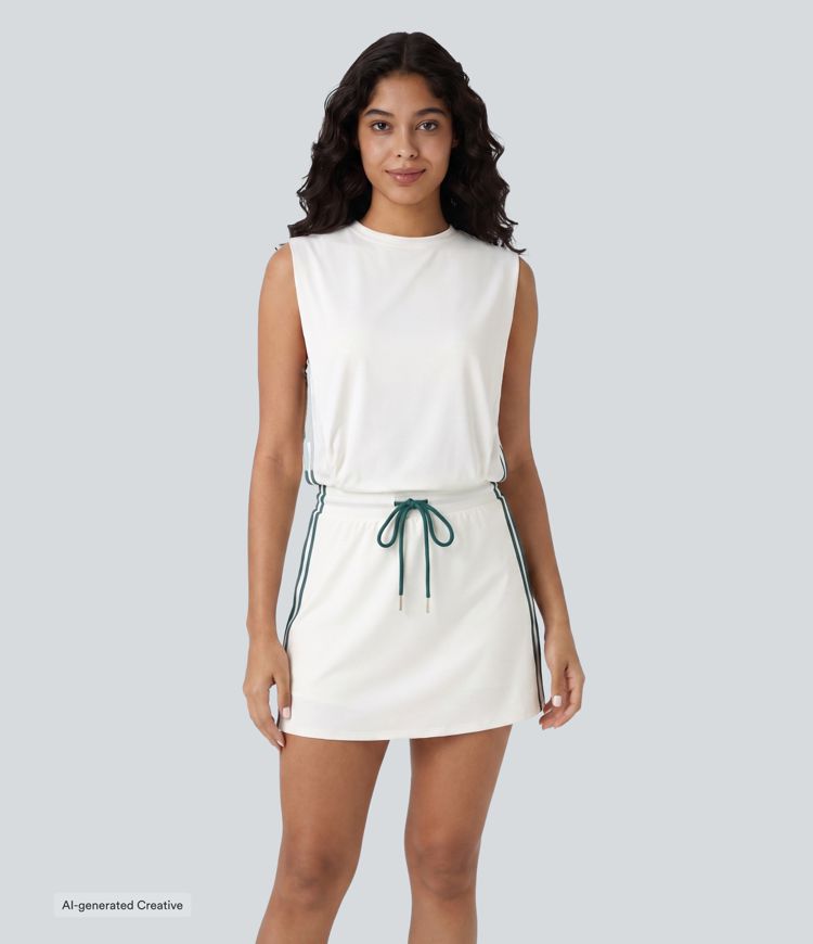 Round Neck Sleeveless Drawstring Side Stripe 2-Piece Cool Touch Mini Workout Active Dress with Pockets-UPF50+ Round Neck Sleeveless Drawstring Side Stripe 2-Piece Cool Touch Mini Workout Active Dress with Pockets-UPF50+