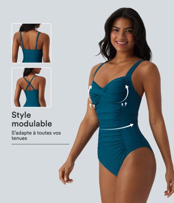 Maillot de bain une pièce gainant push-up col Queen Anne bretelles ajustables torsadé froncé Maillot de bain une pièce gainant push-up col Queen Anne bretelles ajustables torsadé froncé