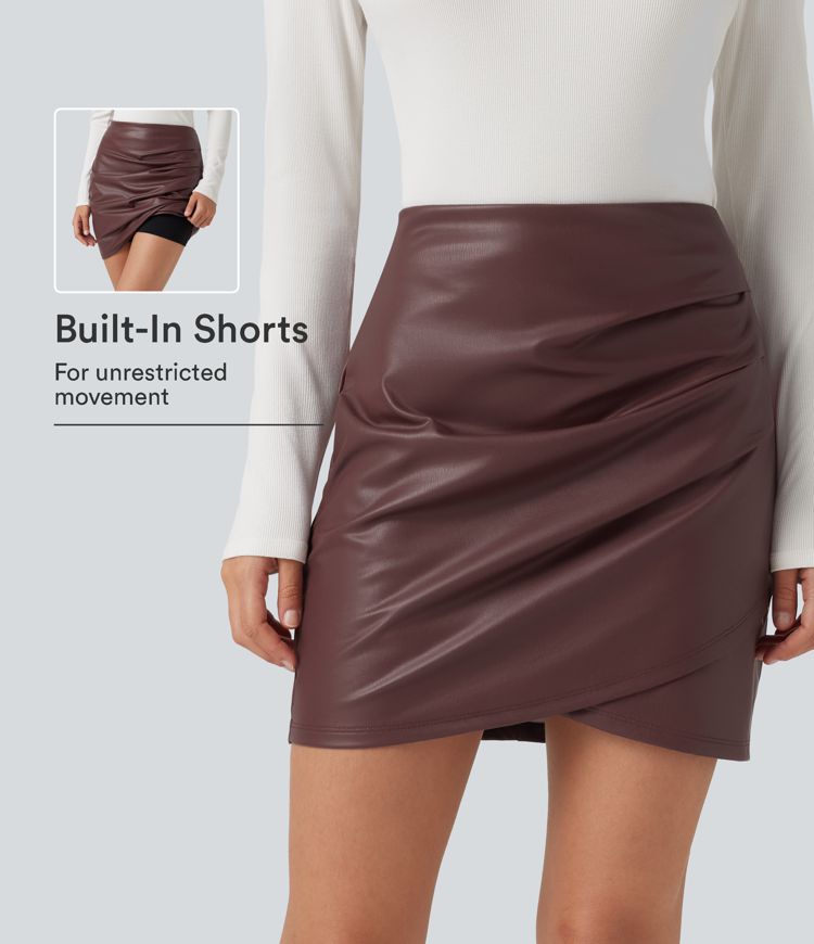 High Waisted 2-in-1 Ruched Crossover Hem Bodycon Fleece Mini Casual PU Leather Skirt High Waisted 2-in-1 Ruched Crossover Hem Bodycon Fleece Mini Casual PU Leather Skirt