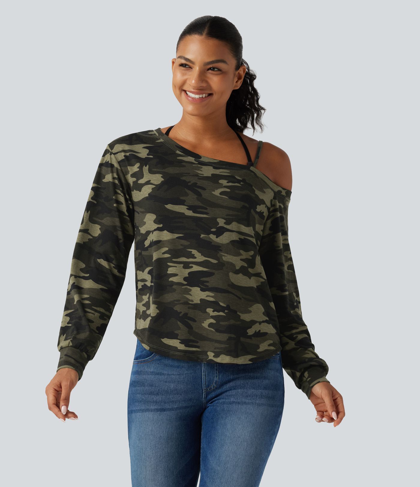 One Shoulder Long Sleeve Camo Casual Top One Shoulder Long Sleeve Camo Casual Top