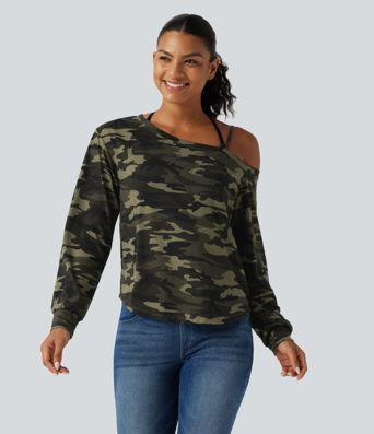 One Shoulder Long Sleeve Camo Casual Top One Shoulder Long Sleeve Camo Casual Top