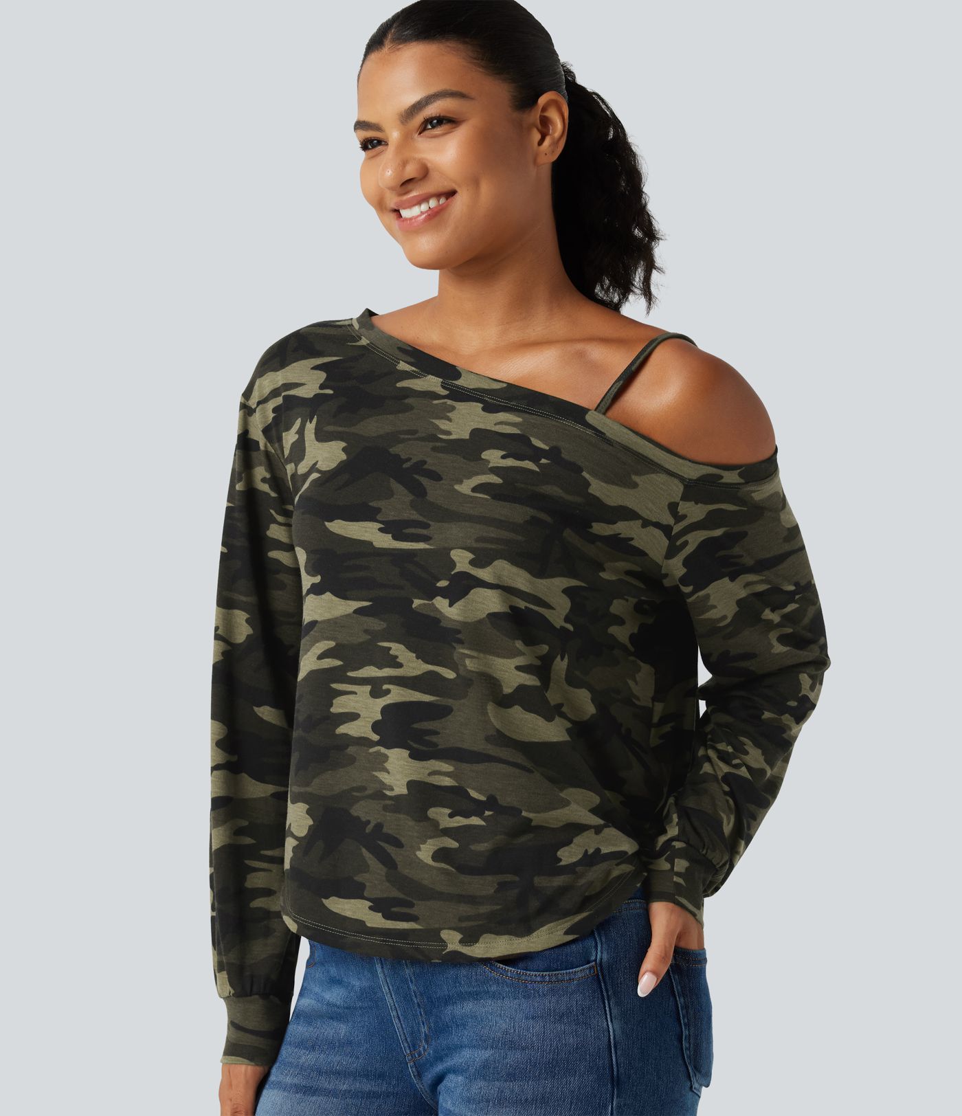 One Shoulder Long Sleeve Camo Casual Top One Shoulder Long Sleeve Camo Casual Top