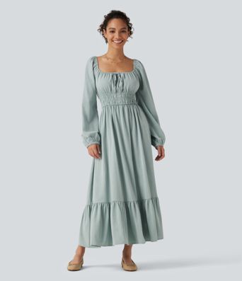 Square Neck Long Sleeve Tie Front Flowy Midi Casual Linen-Feel Dress