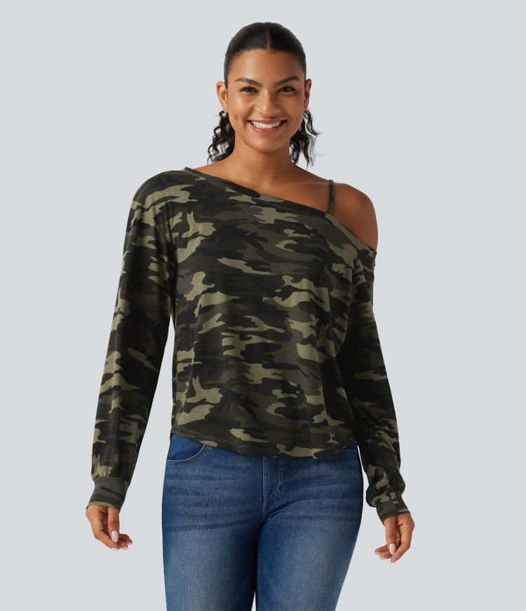 One Shoulder Long Sleeve Camo Casual Top One Shoulder Long Sleeve Camo Casual Top