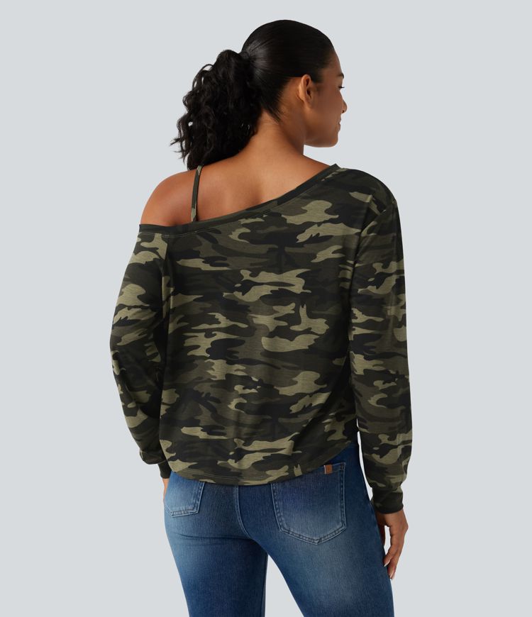 One Shoulder Long Sleeve Camo Casual Top One Shoulder Long Sleeve Camo Casual Top