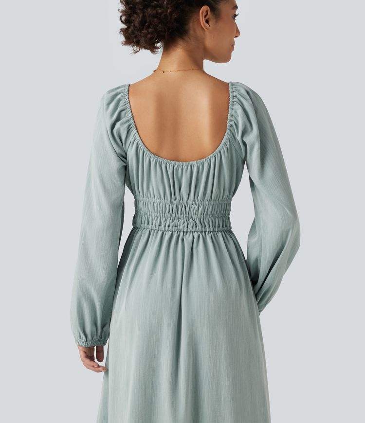 Square Neck Long Sleeve Tie Front Flowy Midi Casual Linen-Feel Dress