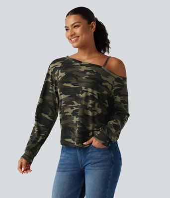 One Shoulder Long Sleeve Camo Casual Top One Shoulder Long Sleeve Camo Casual Top