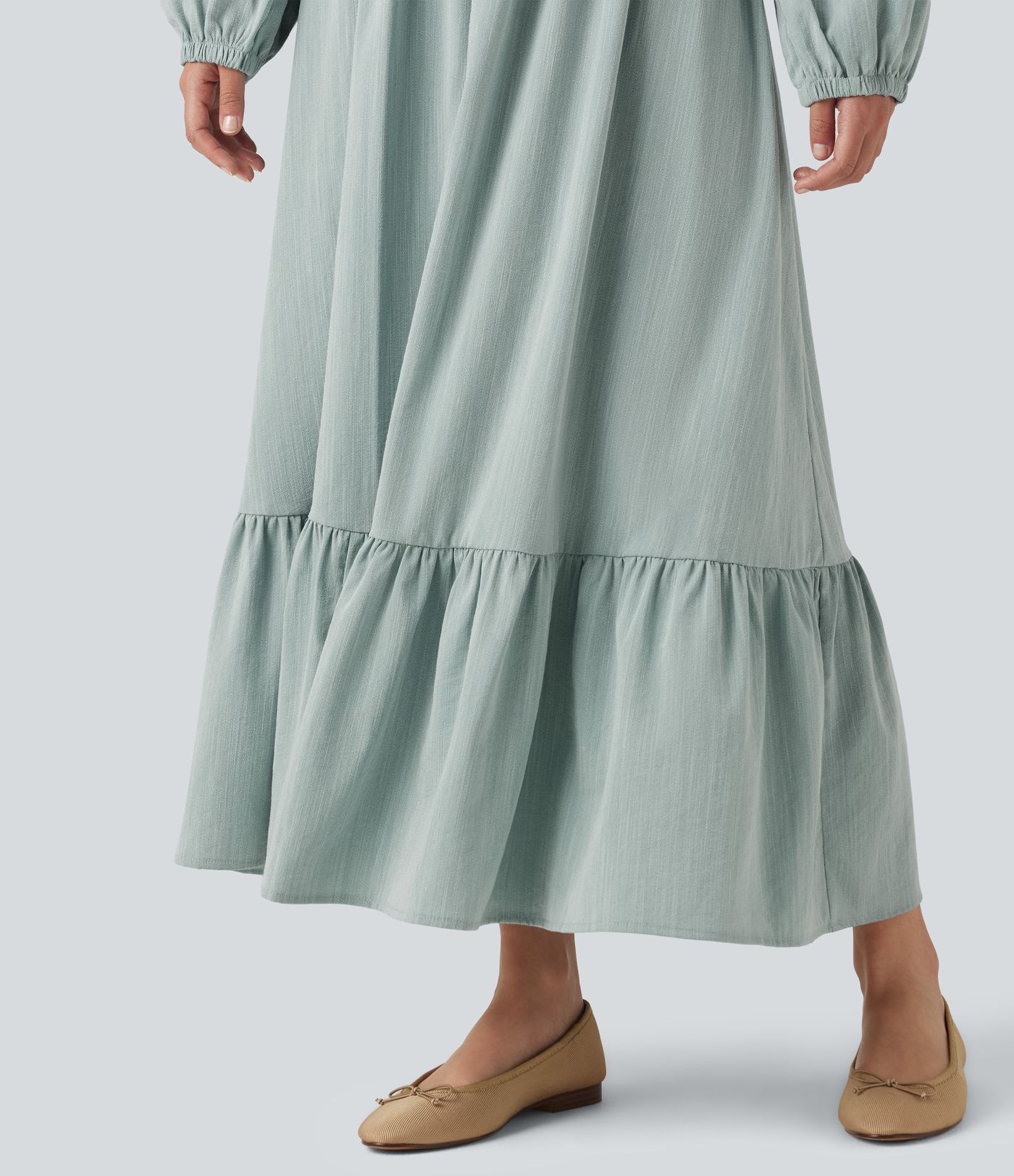Square Neck Long Sleeve Tie Front Flowy Midi Casual Linen-Feel Dress
