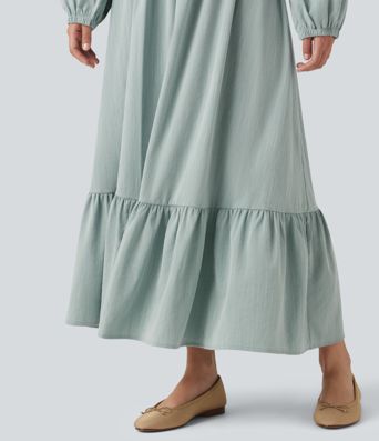Square Neck Long Sleeve Tie Front Flowy Midi Casual Linen-Feel Dress