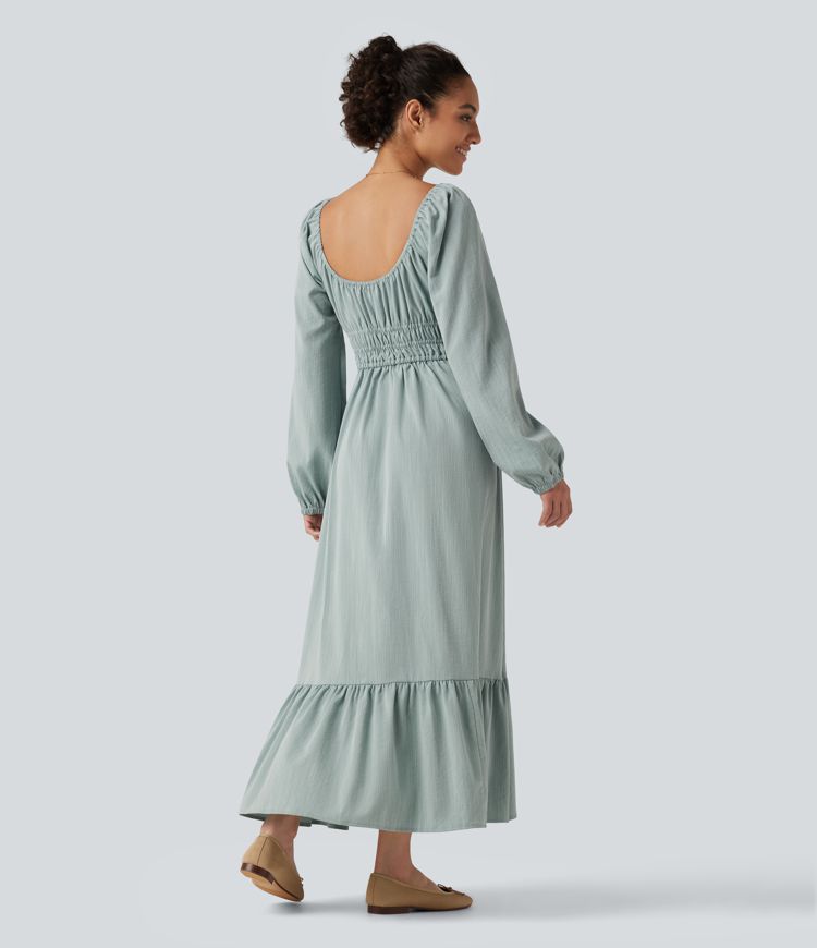Square Neck Long Sleeve Tie Front Flowy Midi Casual Linen-Feel Dress