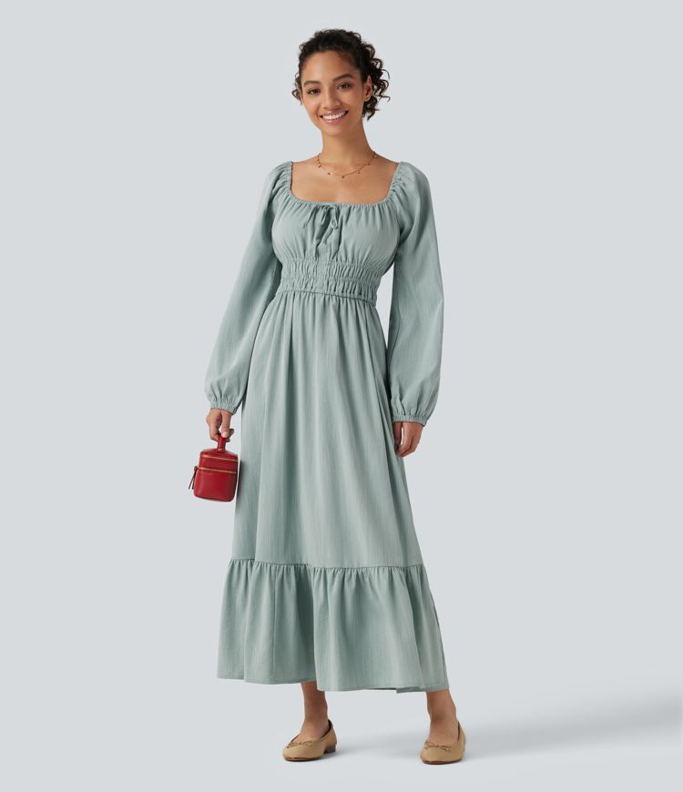 Square Neck Long Sleeve Tie Front Flowy Midi Casual Linen-Feel Dress
