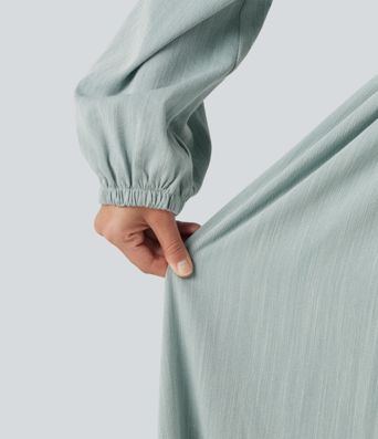 Square Neck Long Sleeve Tie Front Flowy Midi Casual Linen-Feel Dress