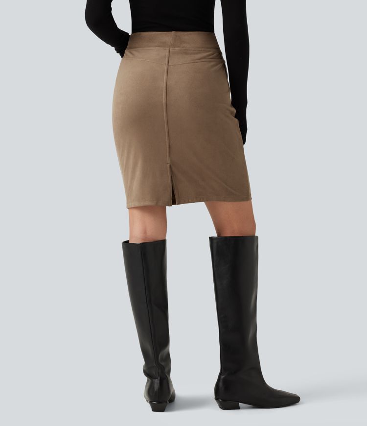 High Waisted Bodycon Suede Mini Party Skirt with Pockets High Waisted Bodycon Suede Mini Party Skirt with Pockets