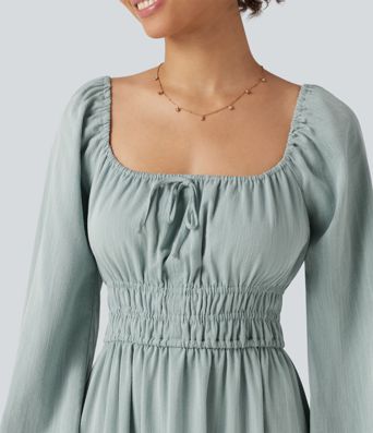 Square Neck Long Sleeve Tie Front Flowy Midi Casual Linen-Feel Dress