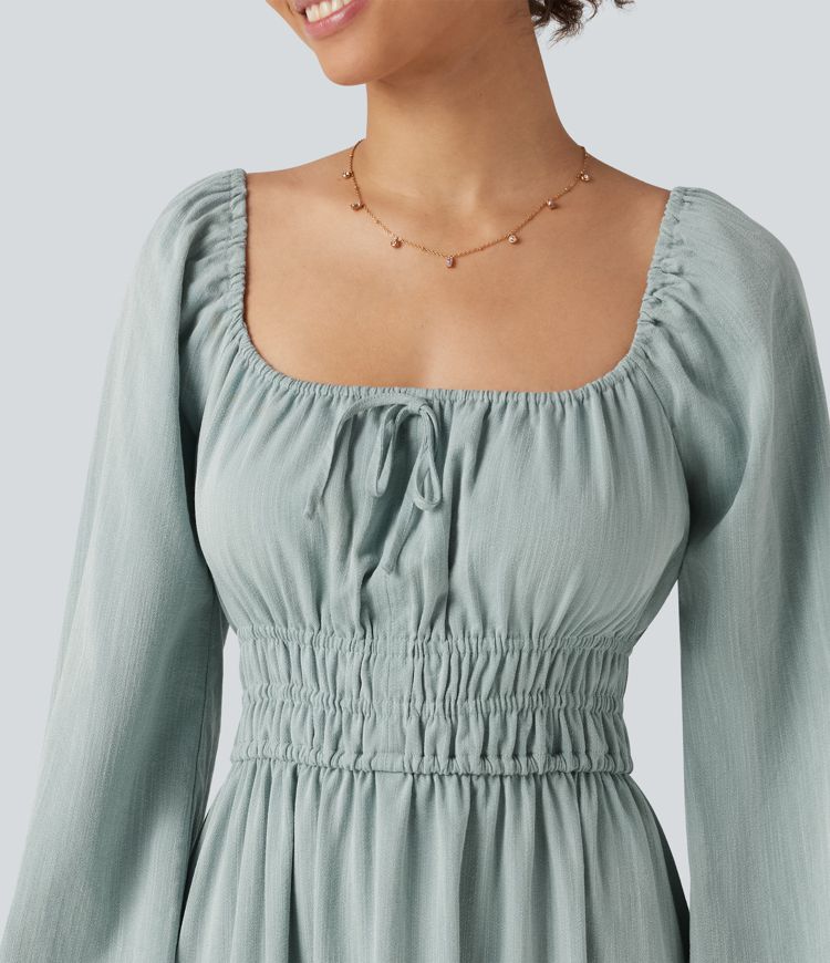 Square Neck Long Sleeve Tie Front Flowy Midi Casual Linen-Feel Dress