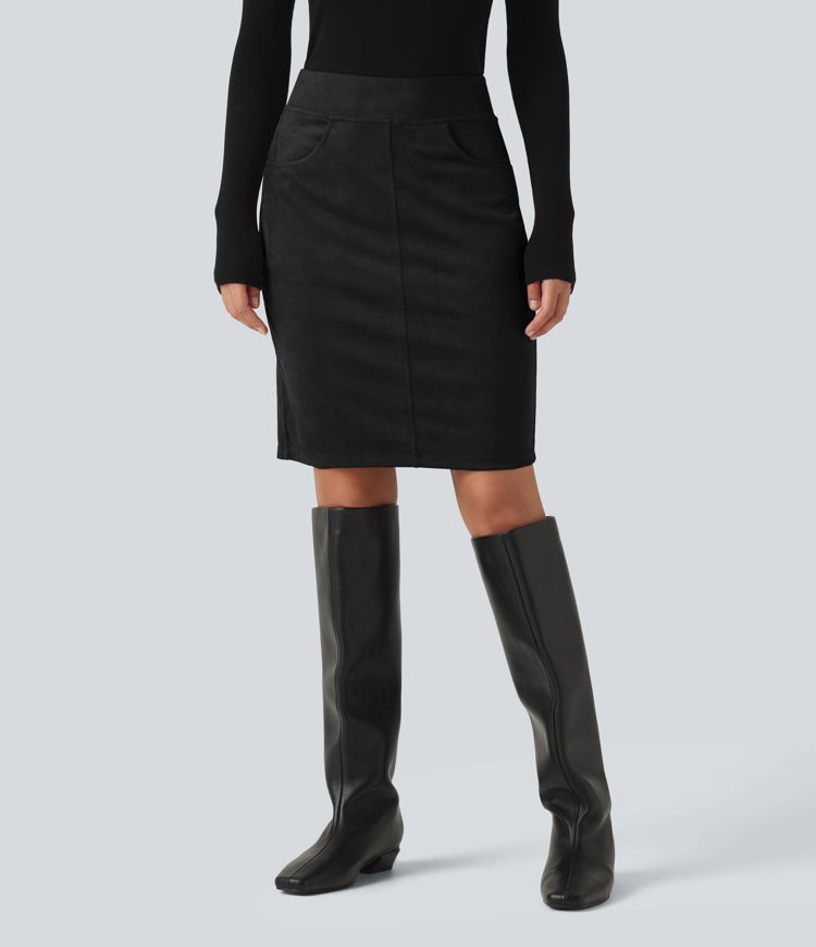 High Waisted Bodycon Suede Mini Party Skirt with Pockets