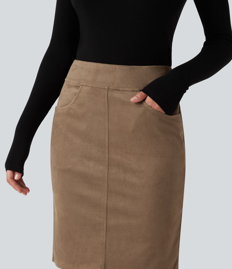 High Waisted Bodycon Suede Mini Party Skirt with Pockets High Waisted Bodycon Suede Mini Party Skirt with Pockets