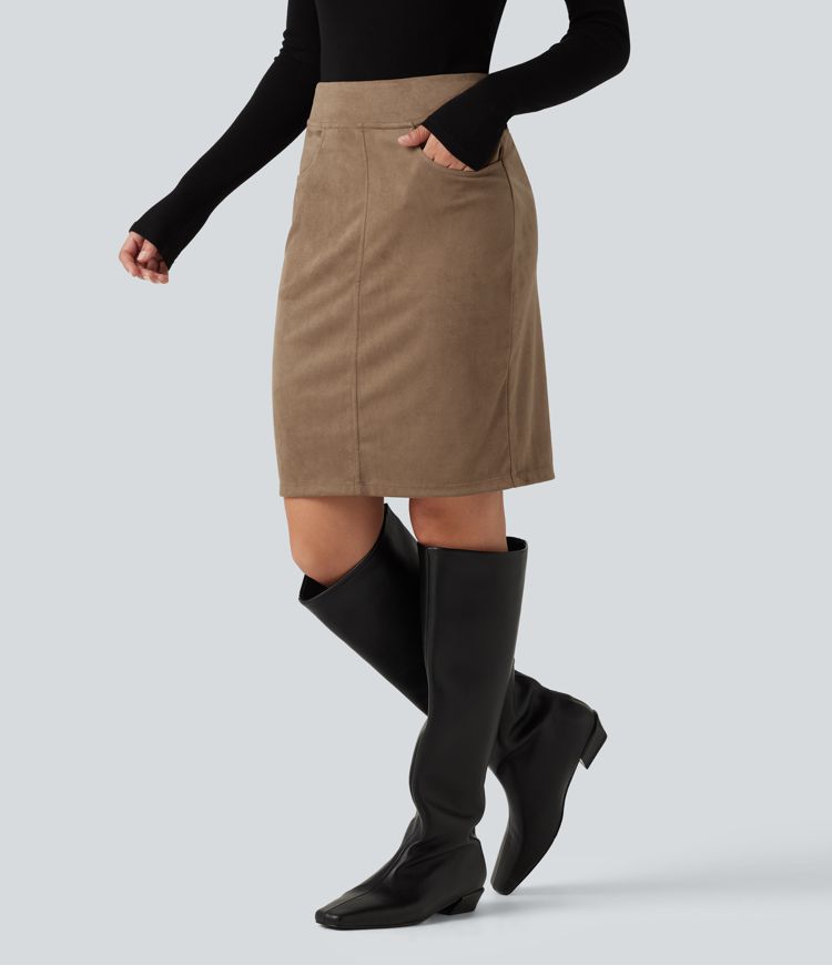 High Waisted Bodycon Suede Mini Party Skirt with Pockets High Waisted Bodycon Suede Mini Party Skirt with Pockets