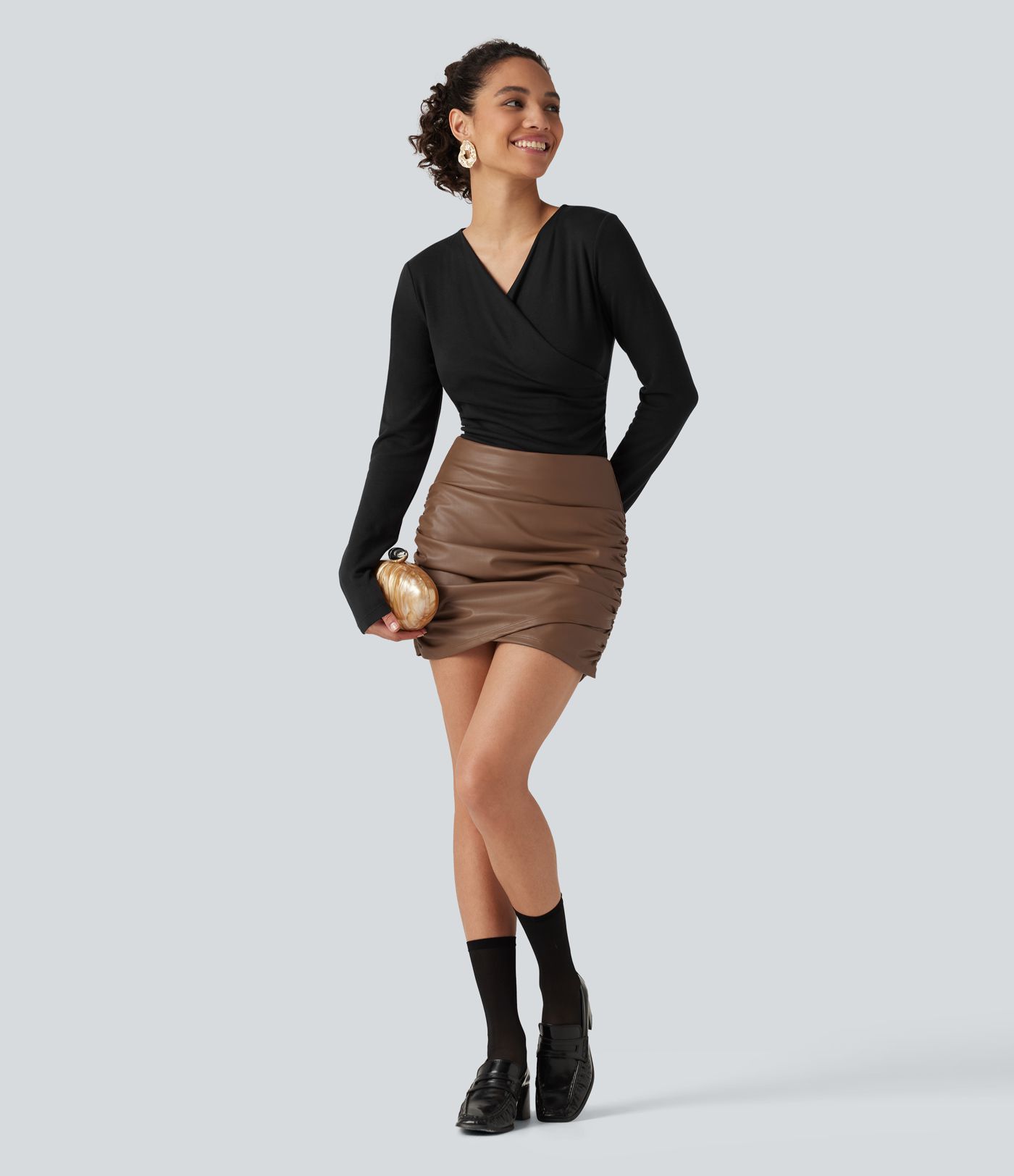 High Waisted Tummy Control Ruched Crossover Hem 2-in-1 Bodycon Fleece Mini PU Leather Skirt with Pockets High Waisted Tummy Control Ruched Crossover Hem 2-in-1 Bodycon Fleece Mini PU Leather Skirt with Pockets