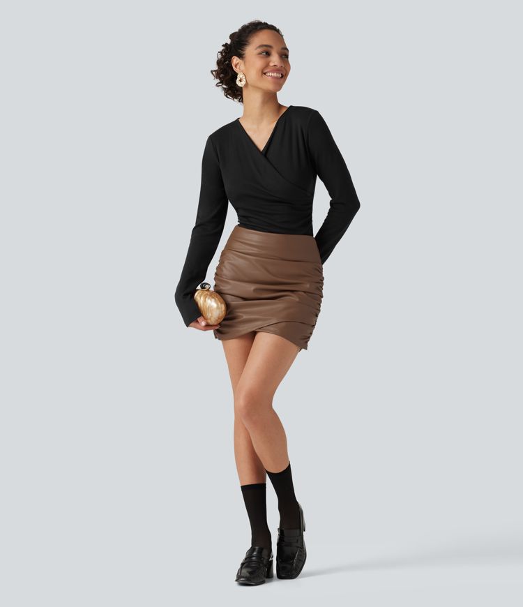 High Waisted Tummy Control Ruched Crossover Hem 2-in-1 Bodycon Fleece Mini PU Leather Skirt with Pockets High Waisted Tummy Control Ruched Crossover Hem 2-in-1 Bodycon Fleece Mini PU Leather Skirt with Pockets