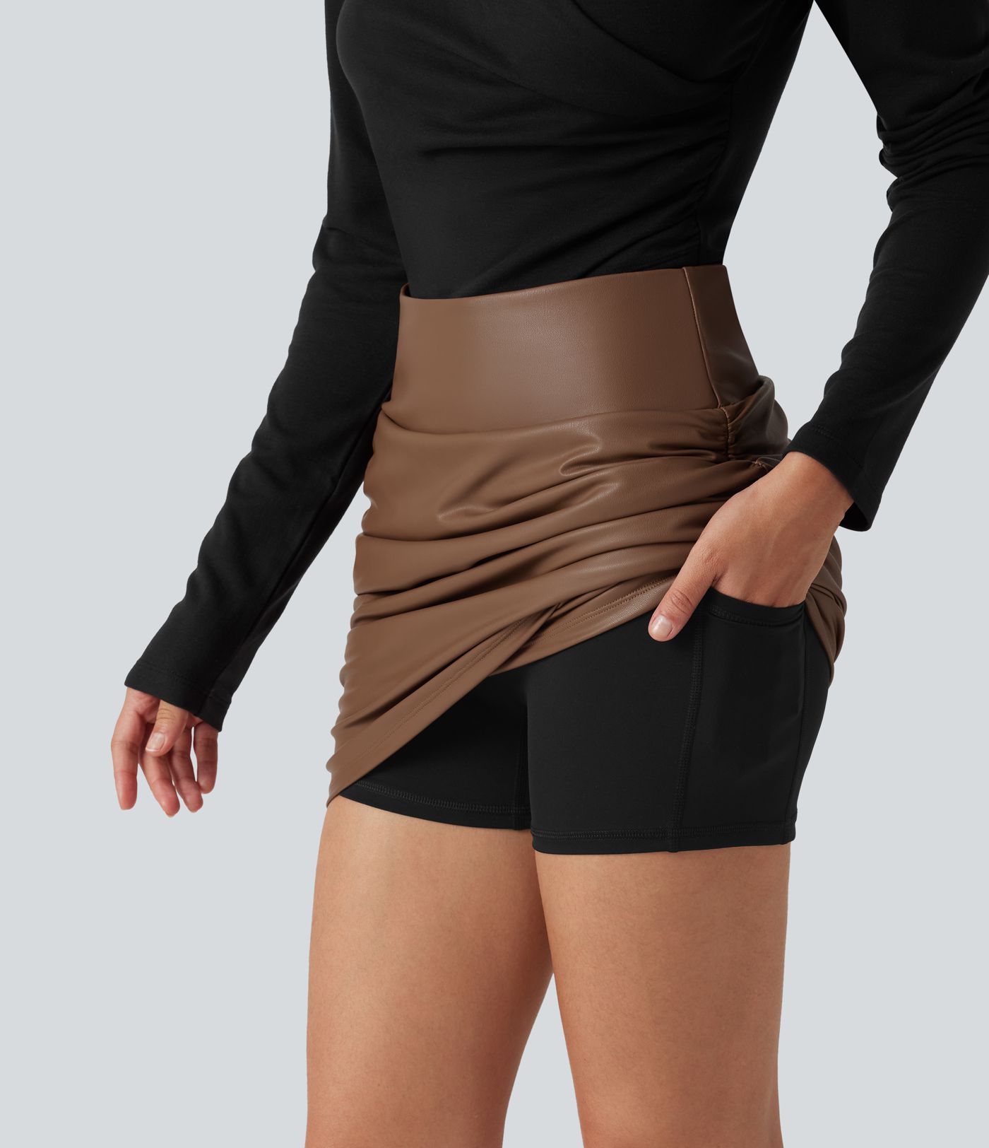 High Waisted Tummy Control Ruched Crossover Hem 2-in-1 Bodycon Fleece Mini PU Leather Skirt with Pockets High Waisted Tummy Control Ruched Crossover Hem 2-in-1 Bodycon Fleece Mini PU Leather Skirt with Pockets
