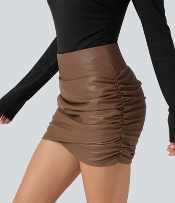 High Waisted Tummy Control Ruched Crossover Hem 2-in-1 Bodycon Fleece Mini PU Leather Skirt with Pockets High Waisted Tummy Control Ruched Crossover Hem 2-in-1 Bodycon Fleece Mini PU Leather Skirt with Pockets