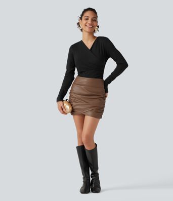 High Waisted Tummy Control Ruched Crossover Hem 2-in-1 Bodycon Fleece Mini PU Leather Skirt with Pockets High Waisted Tummy Control Ruched Crossover Hem 2-in-1 Bodycon Fleece Mini PU Leather Skirt with Pockets