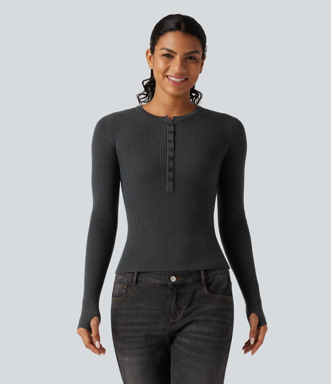 Arbeits-Pullover mit Henley-Ausschnitt, langen Ärmeln und Daumenloch