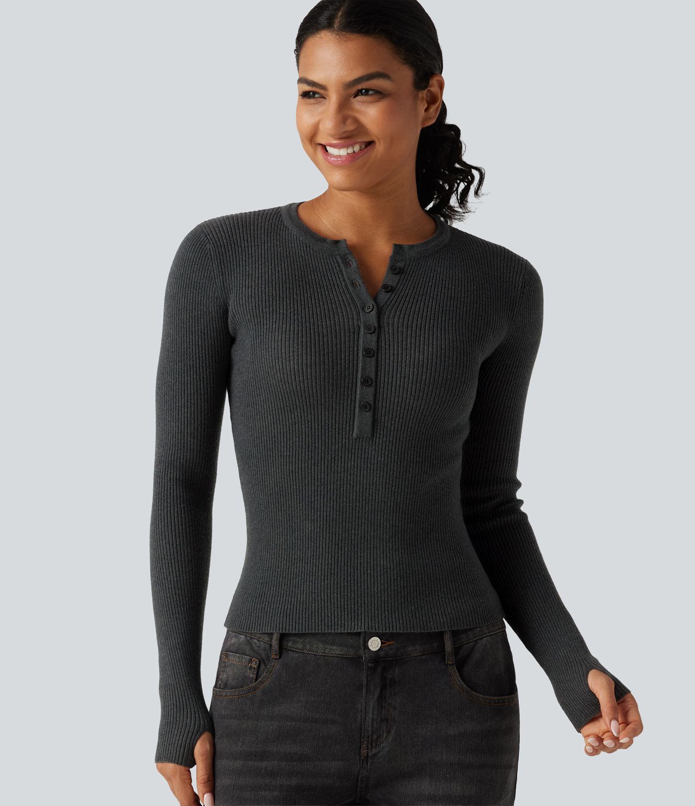 Arbeits-Pullover mit Henley-Ausschnitt, langen Ärmeln und Daumenloch