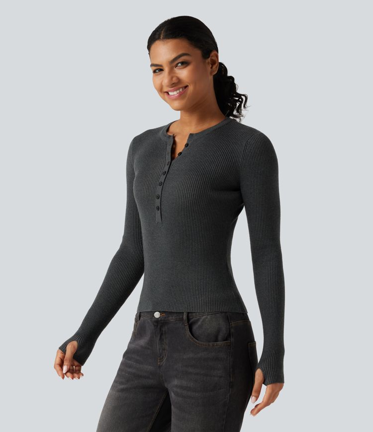Arbeits-Pullover mit Henley-Ausschnitt, langen Ärmeln und Daumenloch
