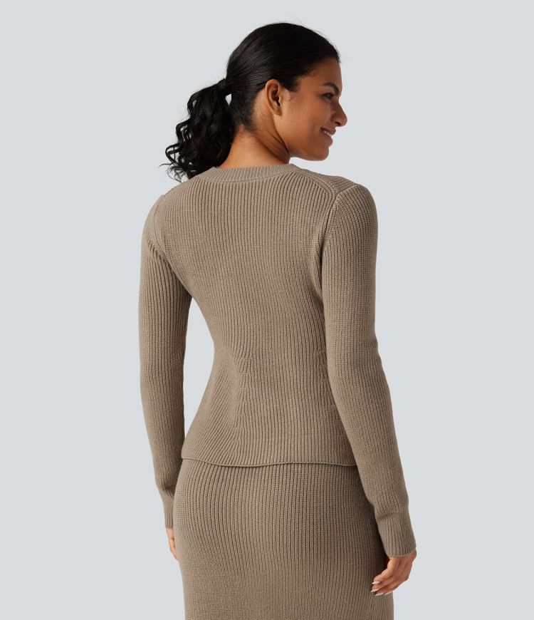 Round Neck Long Sleeve Ruffle Hem Work Sweater Round Neck Long Sleeve Ruffle Hem Work Sweater