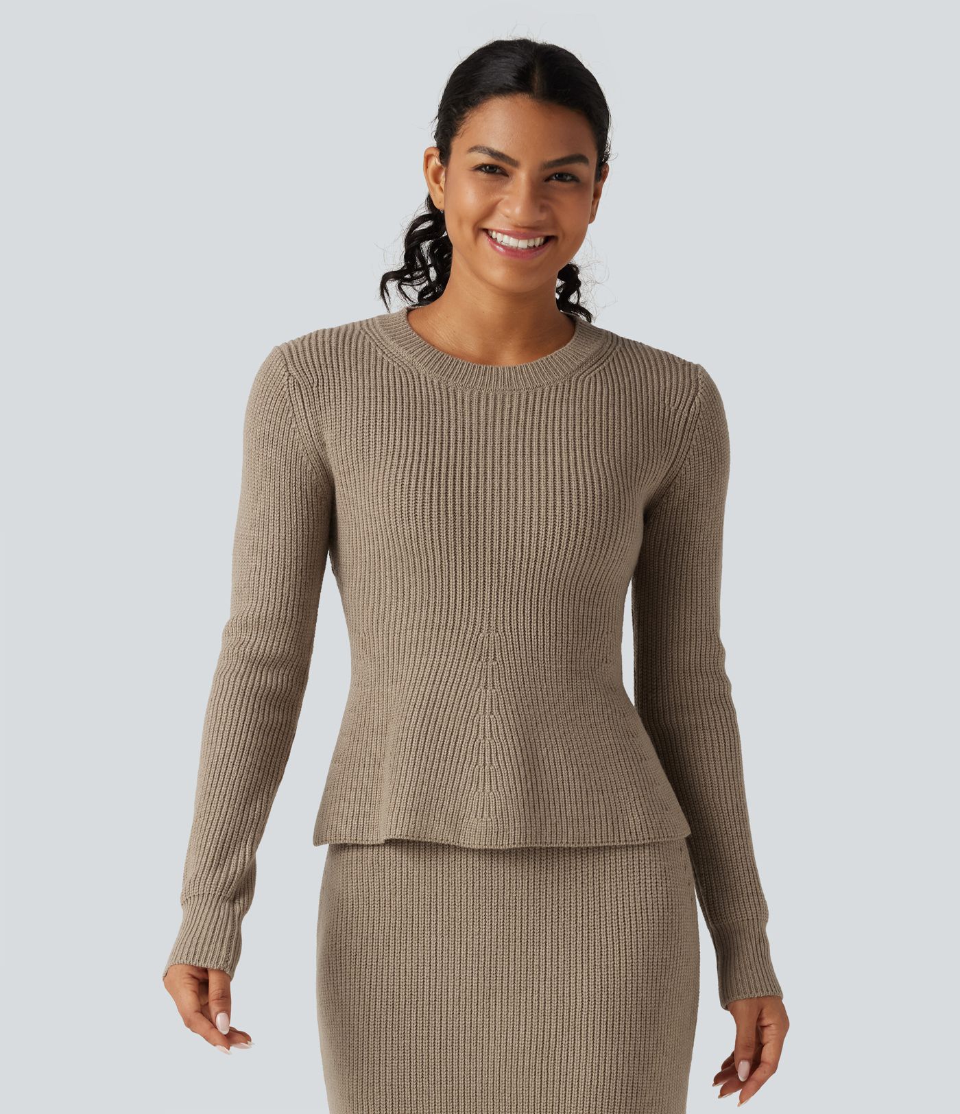 Round Neck Long Sleeve Ruffle Hem Work Sweater Round Neck Long Sleeve Ruffle Hem Work Sweater