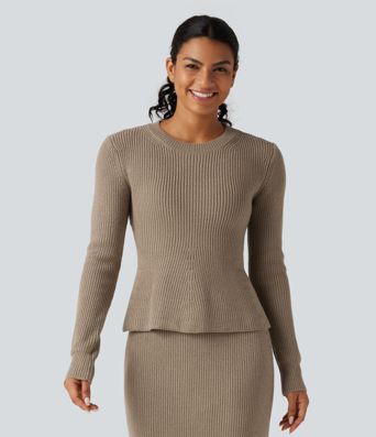 Round Neck Long Sleeve Ruffle Hem Work Sweater Round Neck Long Sleeve Ruffle Hem Work Sweater