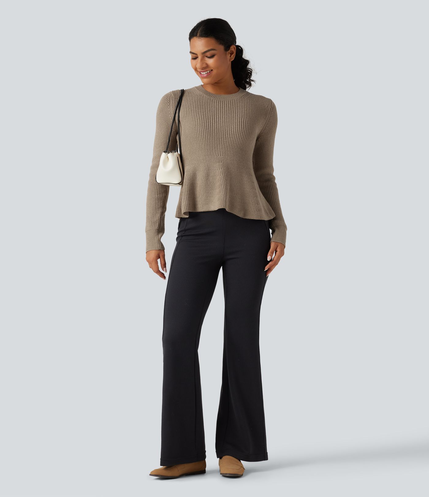 Round Neck Long Sleeve Ruffle Hem Work Sweater Round Neck Long Sleeve Ruffle Hem Work Sweater
