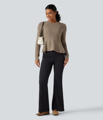 Round Neck Long Sleeve Ruffle Hem Work Sweater Round Neck Long Sleeve Ruffle Hem Work Sweater