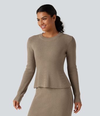 Round Neck Long Sleeve Ruffle Hem Work Sweater Round Neck Long Sleeve Ruffle Hem Work Sweater