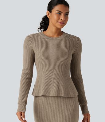 Round Neck Long Sleeve Ruffle Hem Work Sweater Round Neck Long Sleeve Ruffle Hem Work Sweater