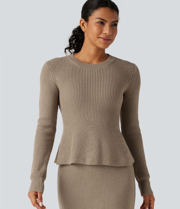 Round Neck Long Sleeve Ruffle Hem Work Sweater Round Neck Long Sleeve Ruffle Hem Work Sweater