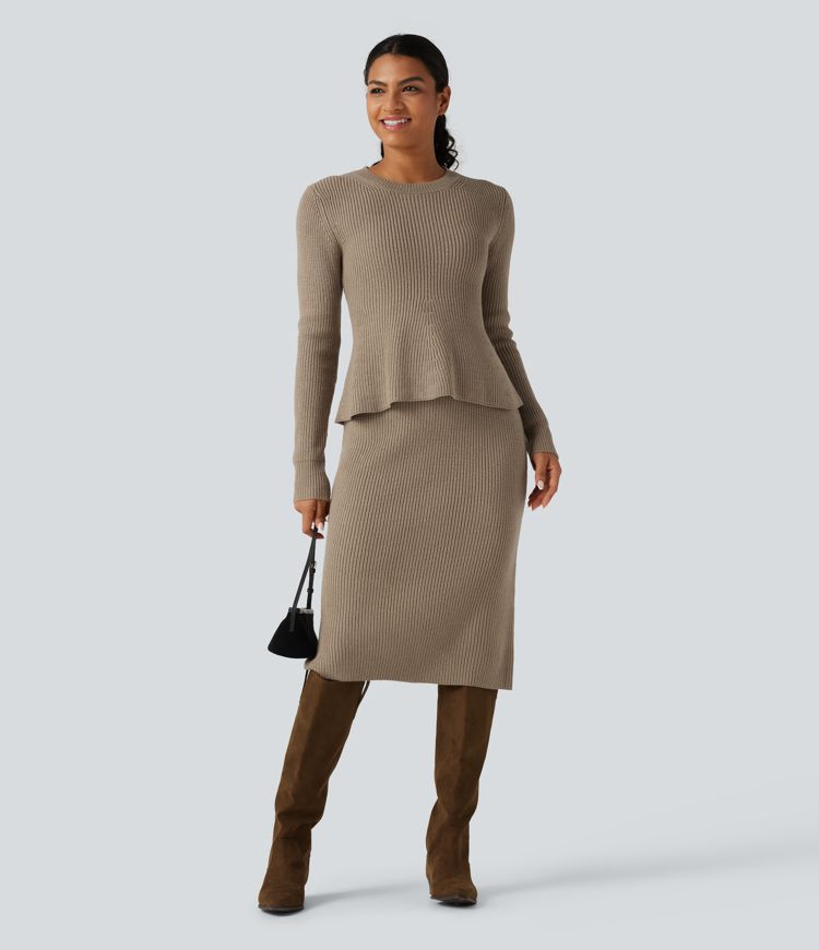 Round Neck Long Sleeve Ruffle Hem Work Sweater Round Neck Long Sleeve Ruffle Hem Work Sweater