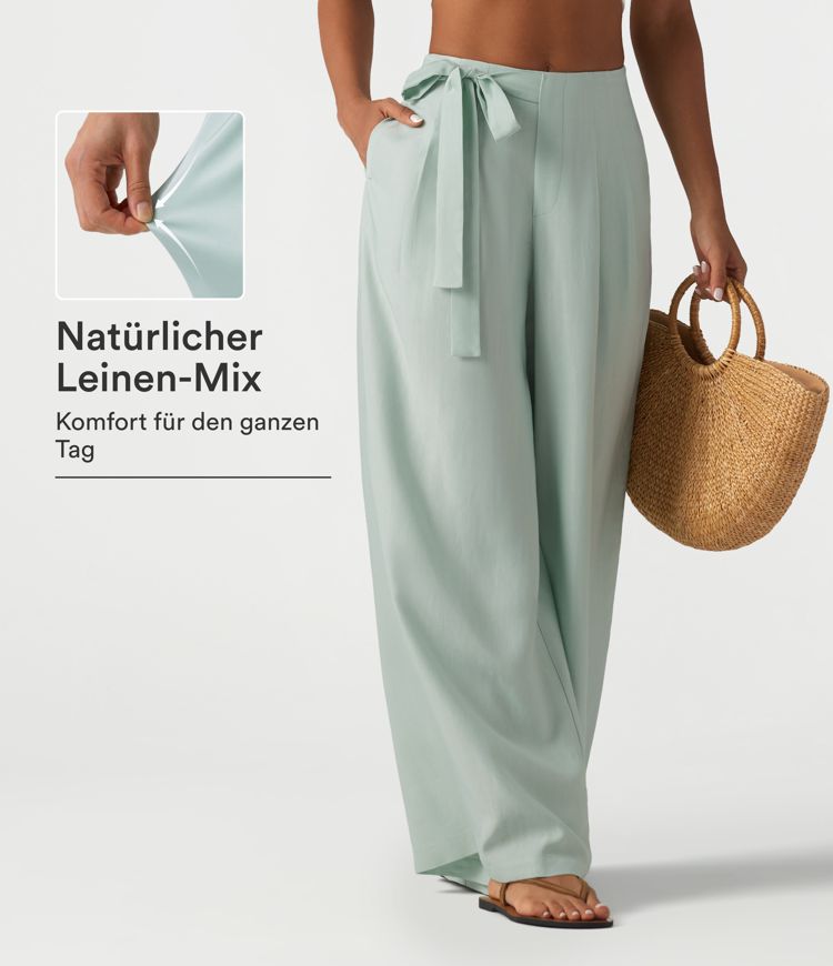 Baggy-Hose aus Leinenmischgewebe mit hohem Bund, Seitentaschen und seitlichem Bindeband Baggy-Hose aus Leinenmischgewebe mit hohem Bund, Seitentaschen und seitlichem Bindeband