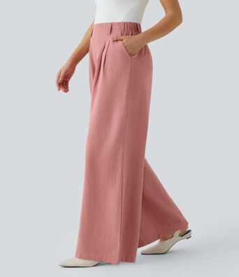 High Waisted Pocket Wide Leg Flowy Solid Palazzo Women Smart Casual Linen-Feel Pants High Waisted Pocket Wide Leg Flowy Solid Palazzo Women Smart Casual Linen-Feel Pants