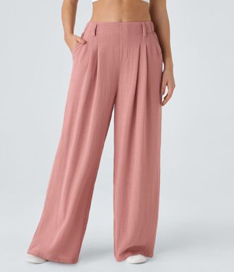 High Waisted Pocket Wide Leg Flowy Solid Palazzo Women Smart Casual Linen-Feel Pants High Waisted Pocket Wide Leg Flowy Solid Palazzo Women Smart Casual Linen-Feel Pants