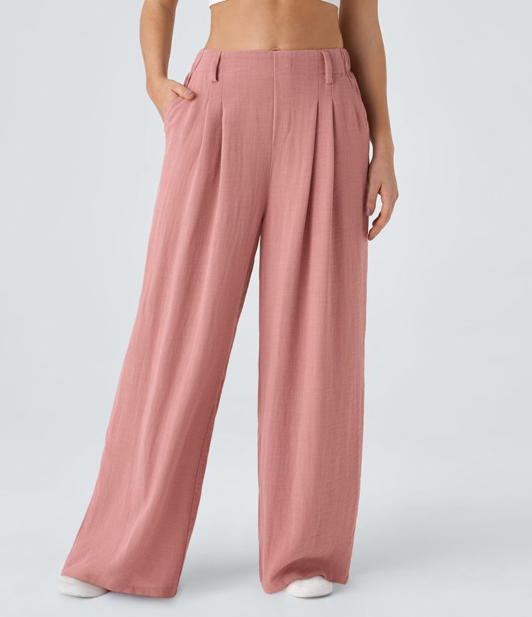 High Waisted Pocket Wide Leg Flowy Solid Palazzo Women Smart Casual Linen-Feel Pants High Waisted Pocket Wide Leg Flowy Solid Palazzo Women Smart Casual Linen-Feel Pants