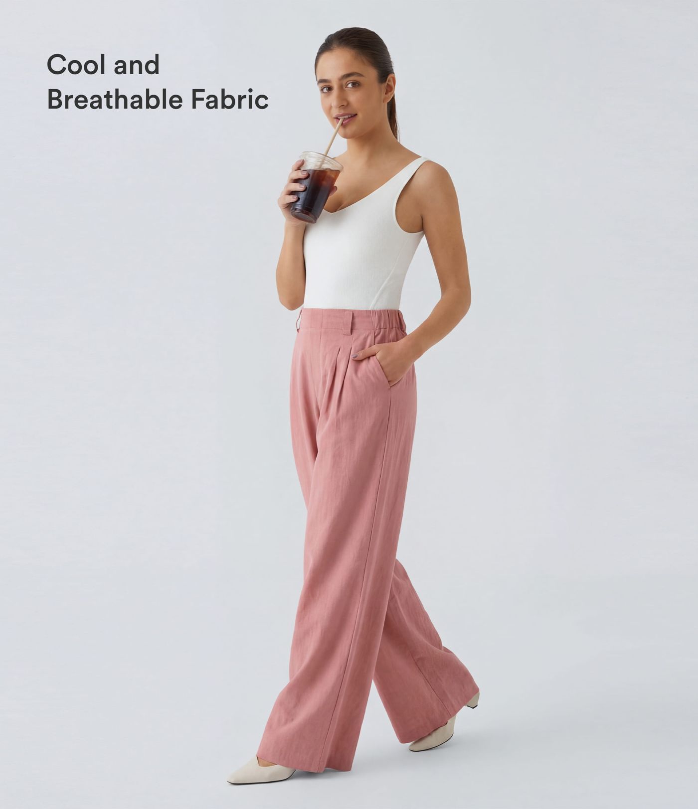 High Waisted Pocket Wide Leg Flowy Solid Palazzo Women Smart Casual Linen-Feel Pants High Waisted Pocket Wide Leg Flowy Solid Palazzo Women Smart Casual Linen-Feel Pants