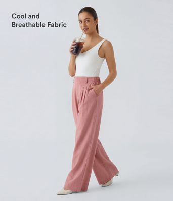 High Waisted Pocket Wide Leg Flowy Solid Palazzo Women Smart Casual Linen-Feel Pants High Waisted Pocket Wide Leg Flowy Solid Palazzo Women Smart Casual Linen-Feel Pants