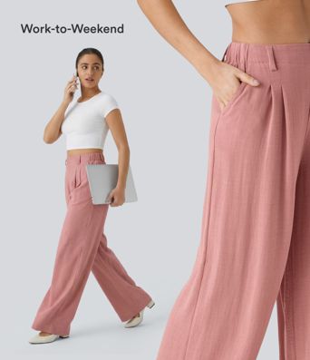 High Waisted Pocket Wide Leg Flowy Solid Palazzo Women Smart Casual Linen-Feel Pants High Waisted Pocket Wide Leg Flowy Solid Palazzo Women Smart Casual Linen-Feel Pants